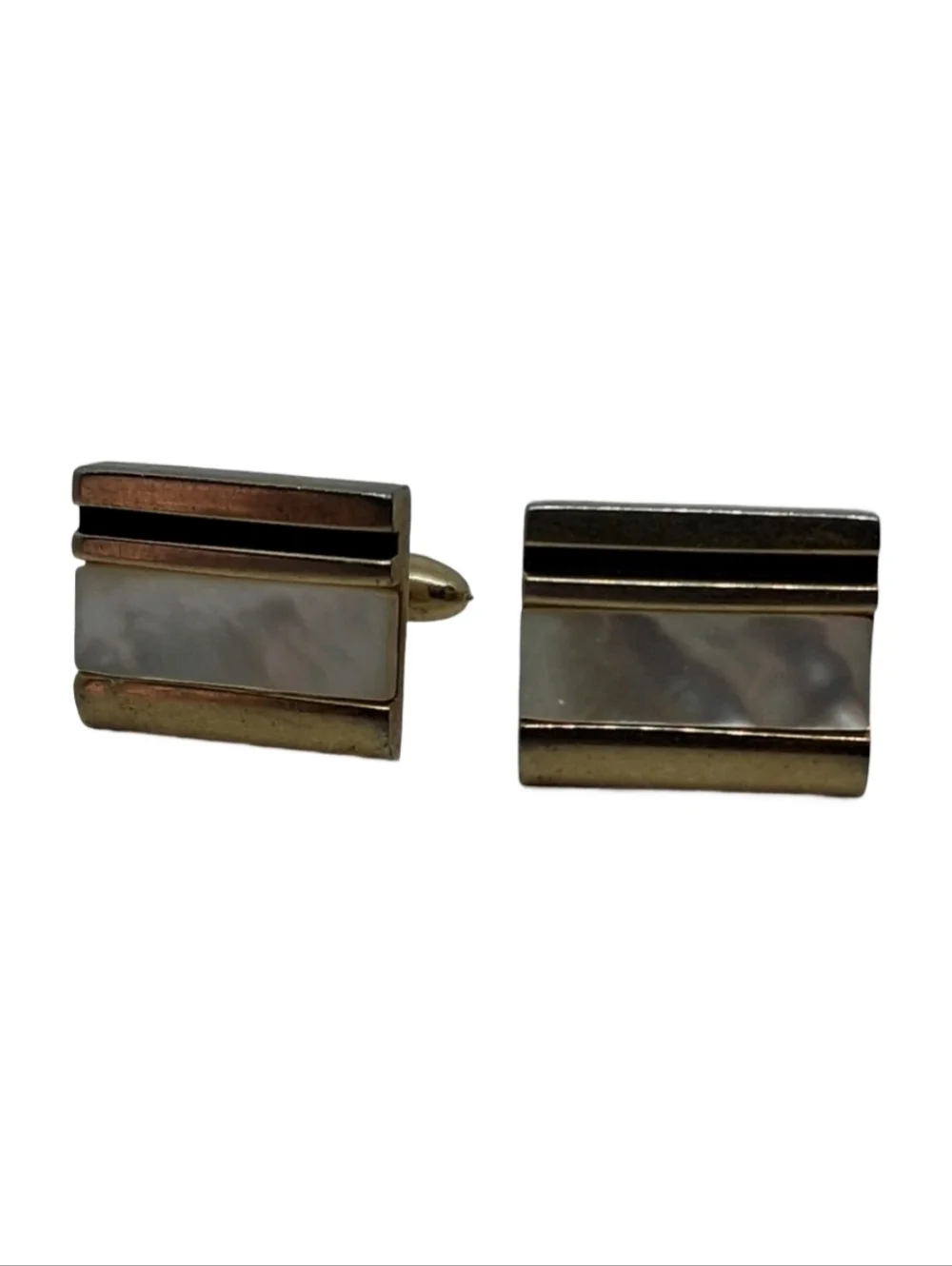 Vintage Mid-Century Gold Tone Mother of Pearl & Onyx Inlay Cufflinks